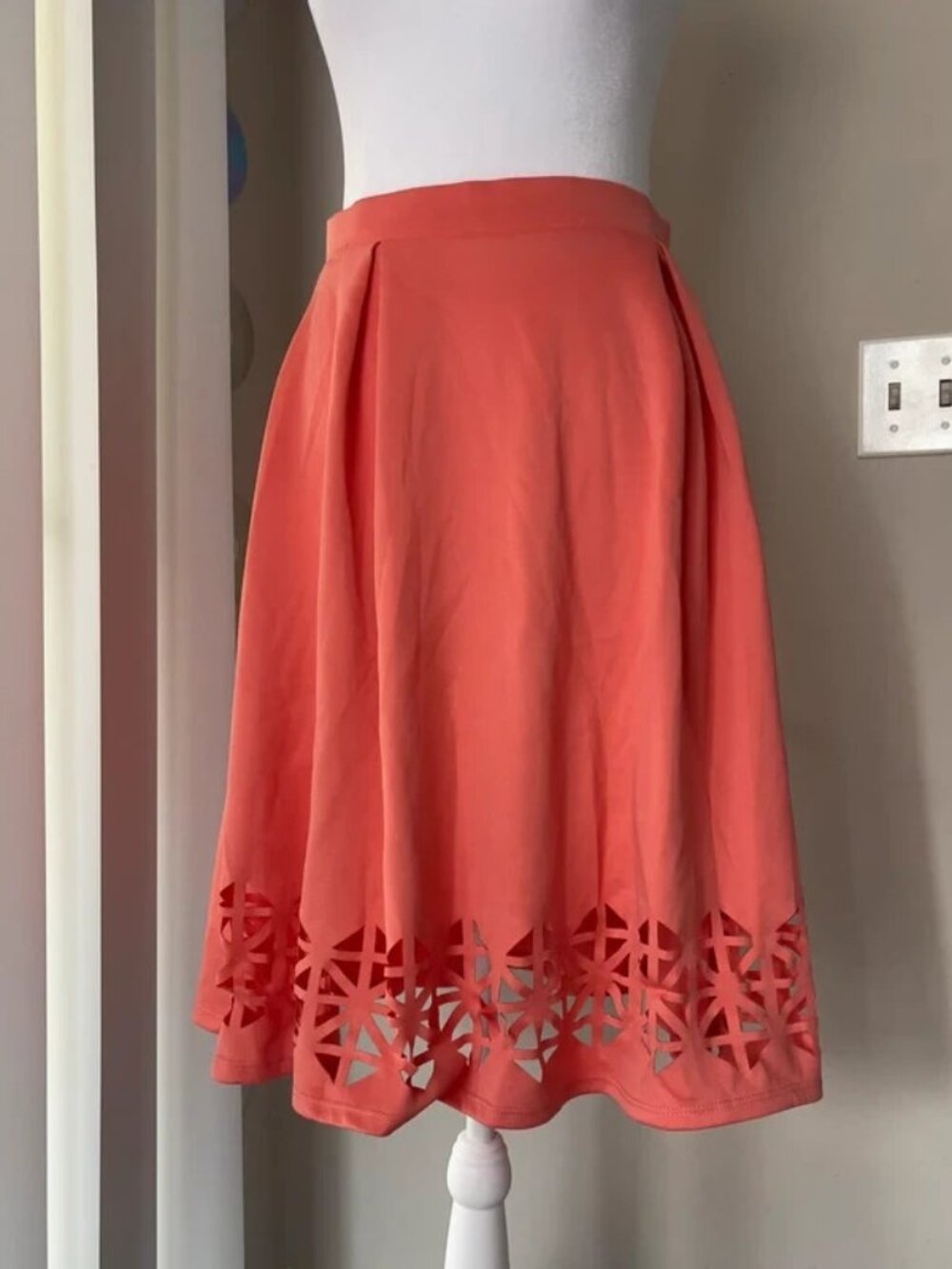 Women's Pink and Orange Coral Skirt Pink midi skirt with cut out design pleaated